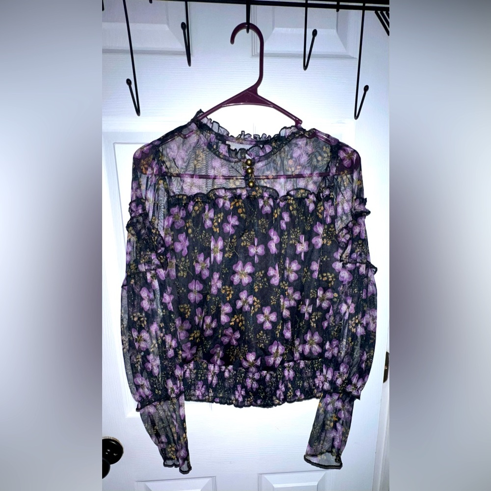 Calligraphie women’s semi sheer blouse. Size M. Black with purple flowers.